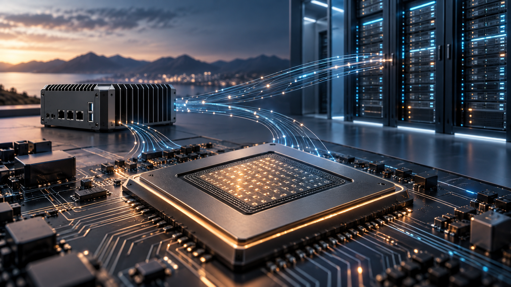 Conceptual AI accelerator on a circuit board connecting a compact edge computer with an enterprise server rack.