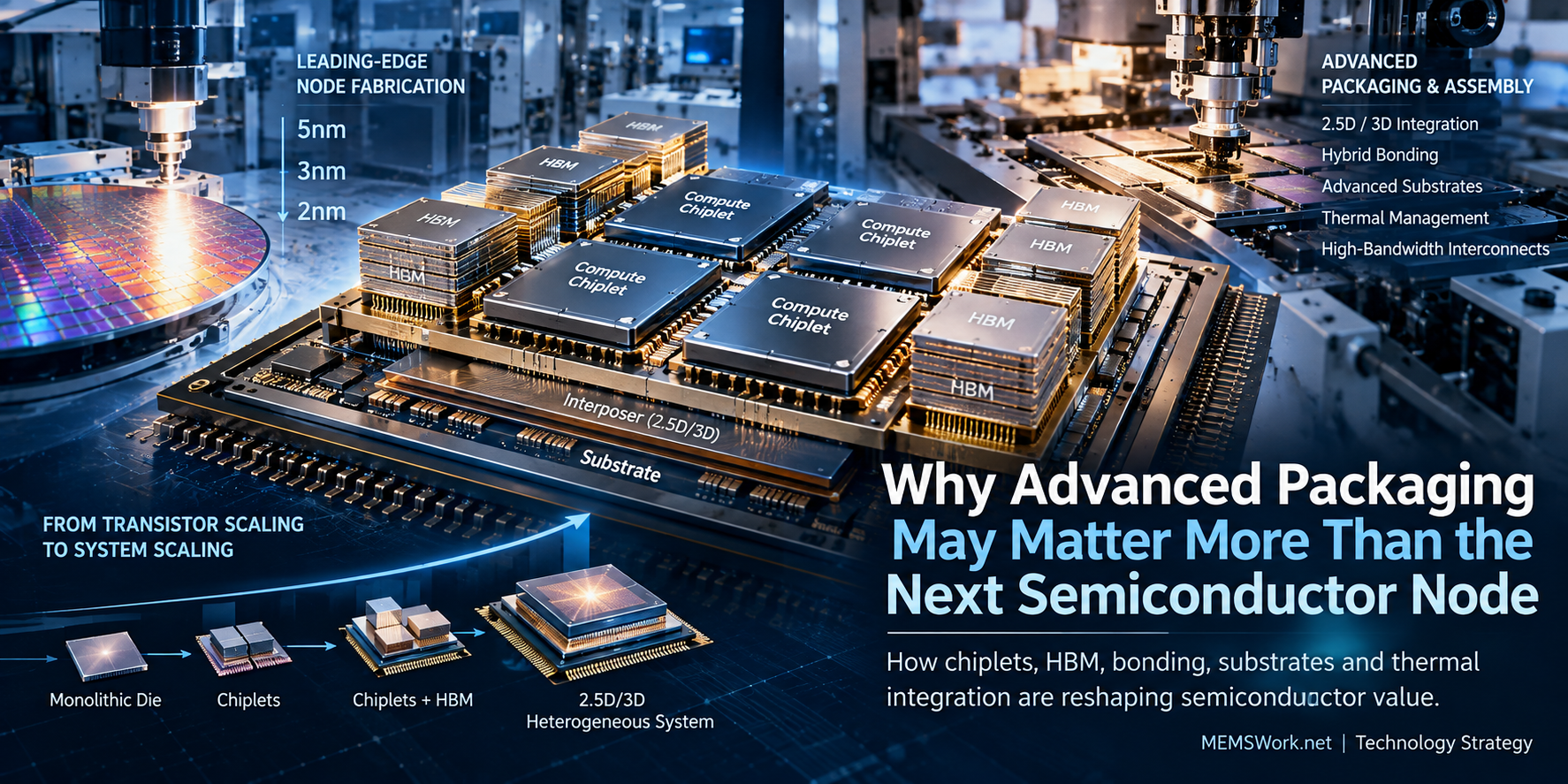 Advanced semiconductor package integrating chiplets, high-bandwidth memory, interposer, substrates and thermal management.