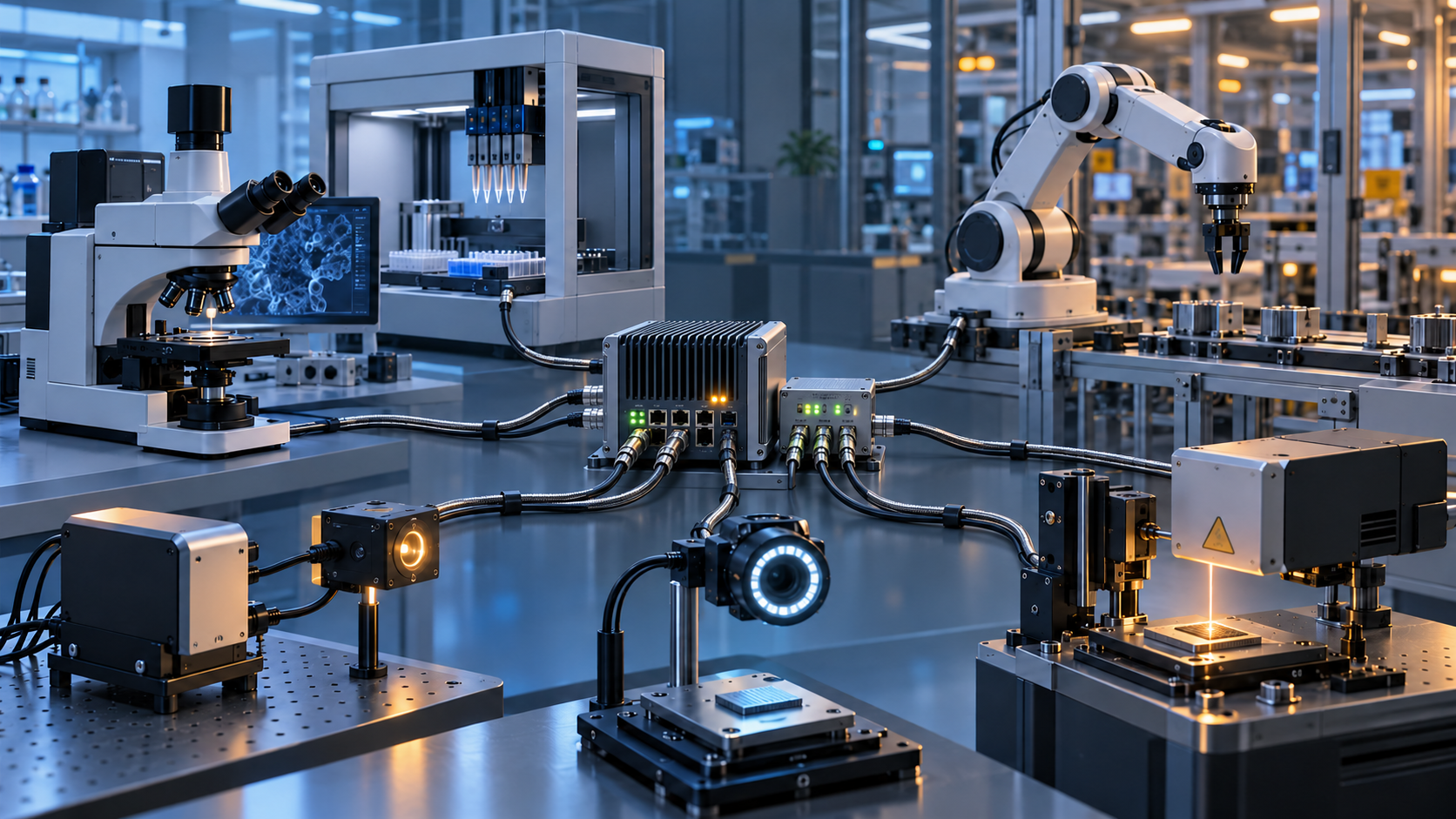 Conceptual laboratory and manufacturing instruments connected through a shared industrial computing gateway.