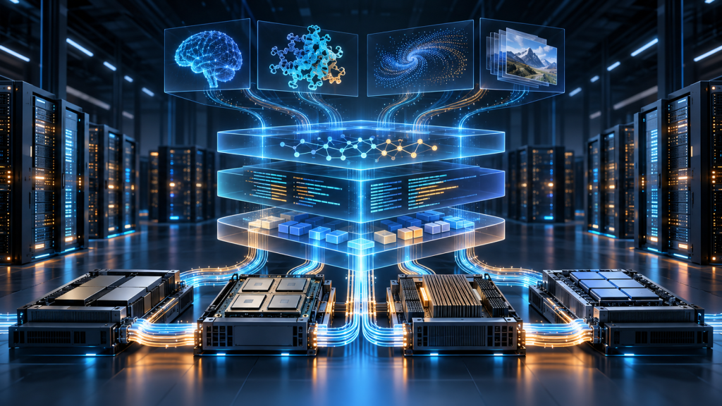 Conceptual layered AI accelerator software stack connecting models, kernels, compilers and clustered hardware