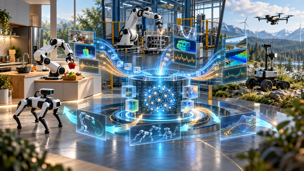 Diverse robots in home, industrial, and outdoor environments feeding multimodal experience into a central learning system
