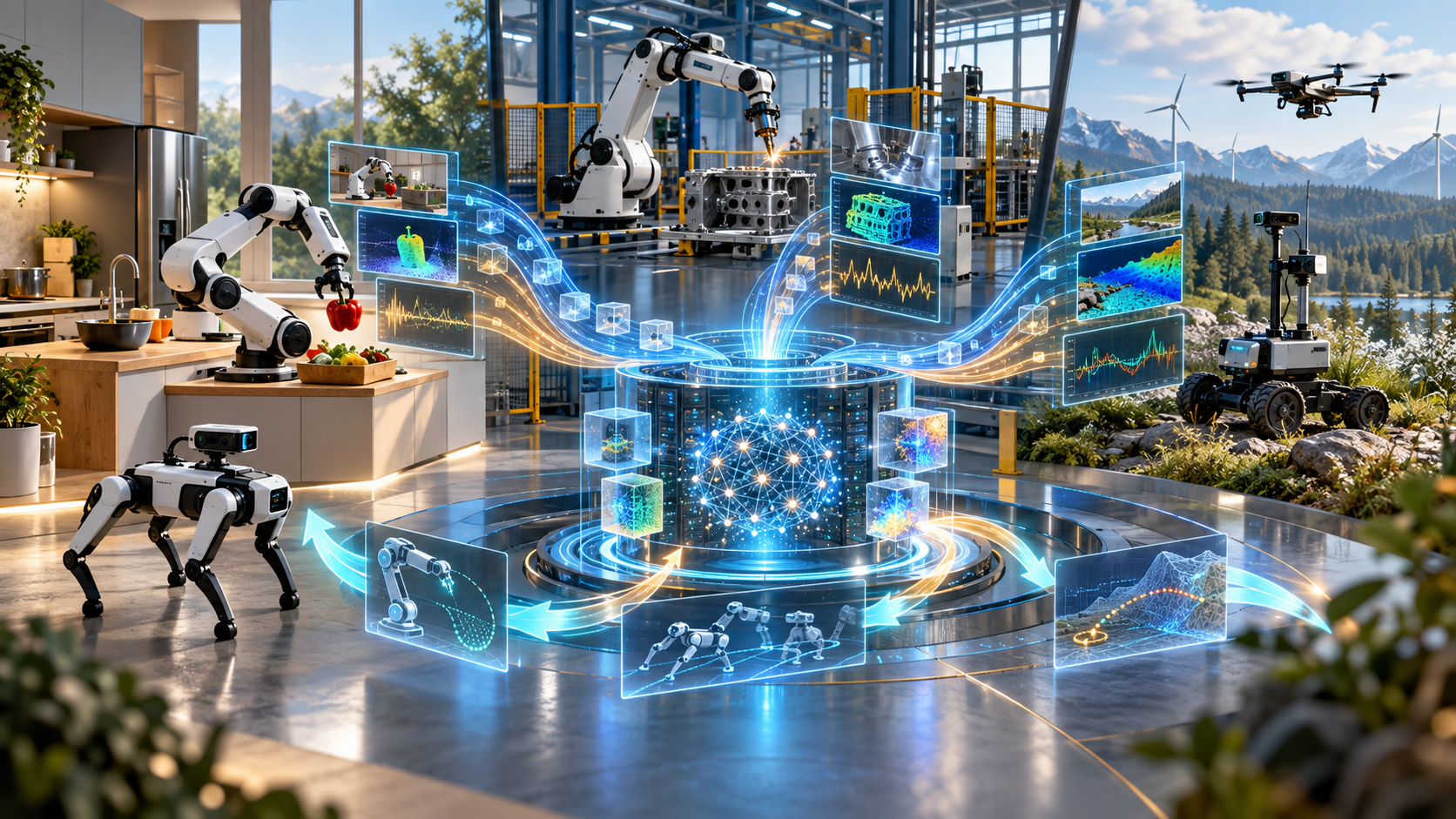 Diverse robots in home, industrial, and outdoor environments feeding multimodal experience into a central learning system