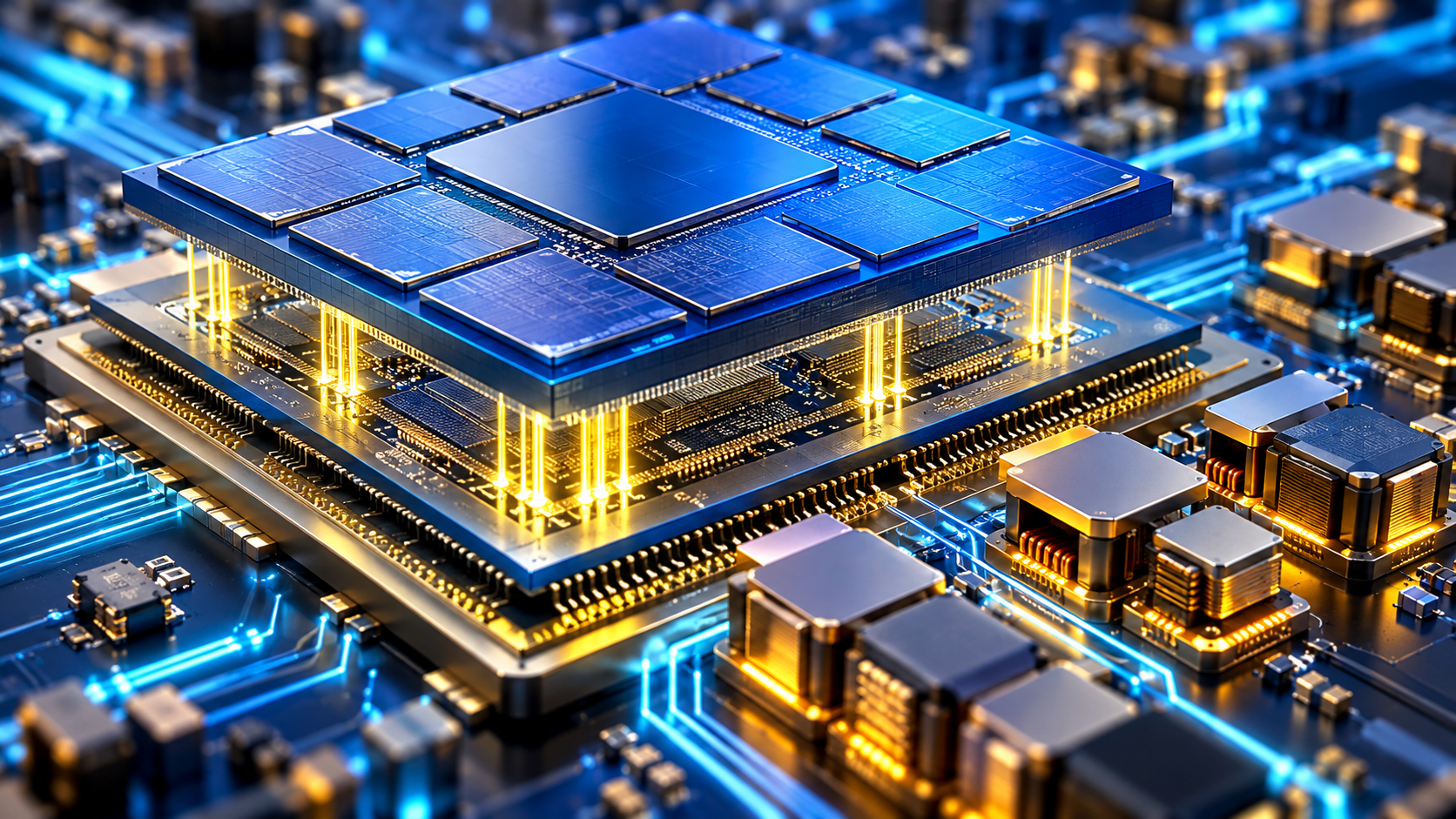 Conceptual AI chiplet package with nearby power modules and vertical gold pathways; not a vendor product or exact circuit architecture.