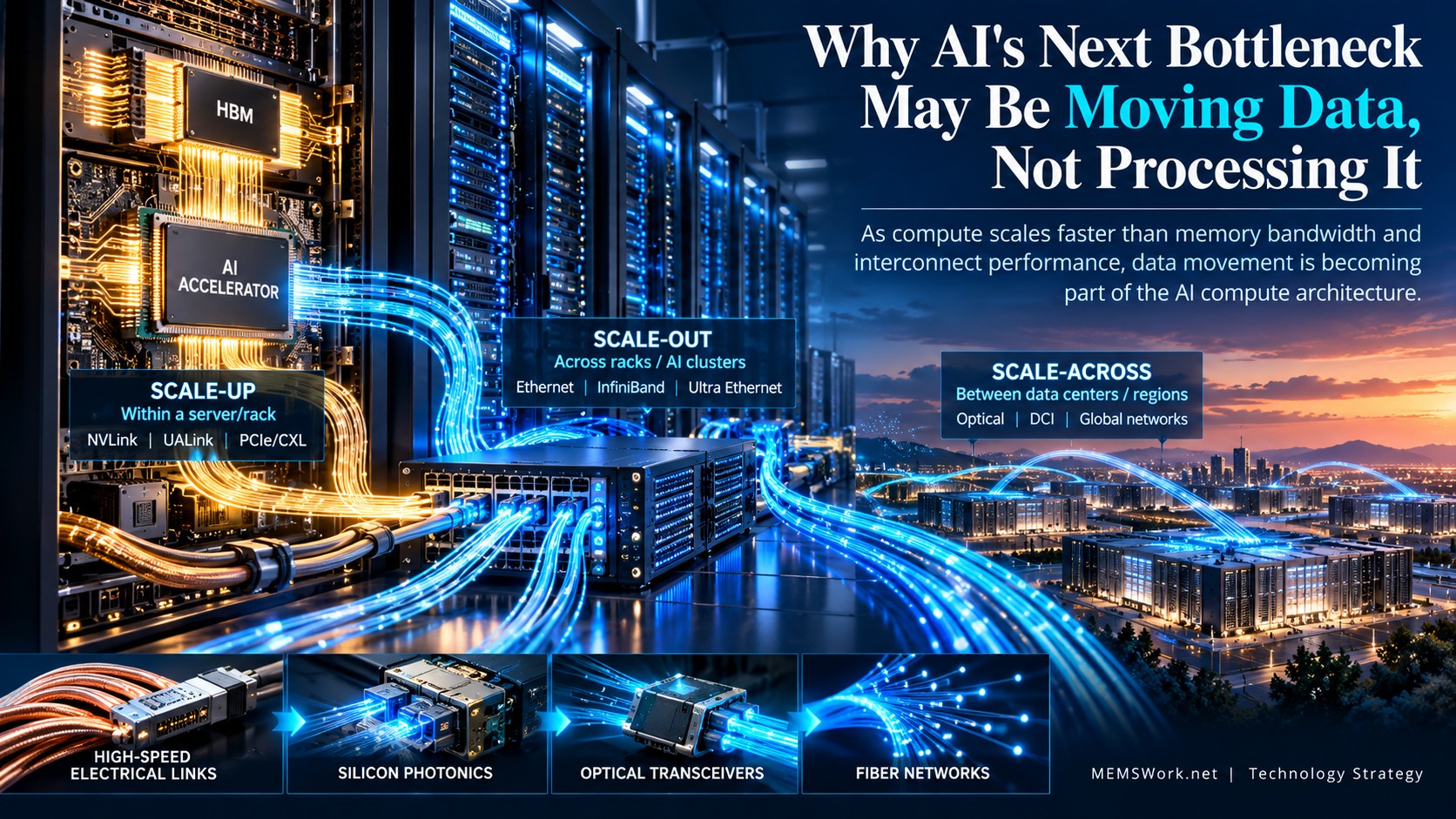 Conceptual illustration of AI data movement through scale-up, scale-out and scale-across networks.