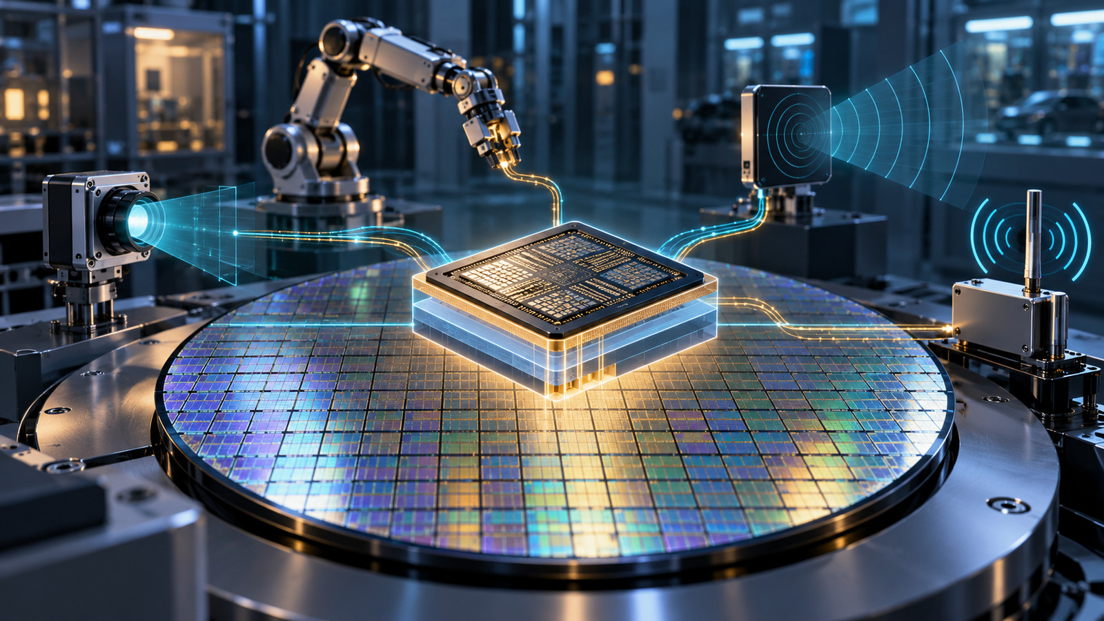 Conceptual FD-SOI wafer integrating sensing, robotic control, radar and wireless communication for Physical AI