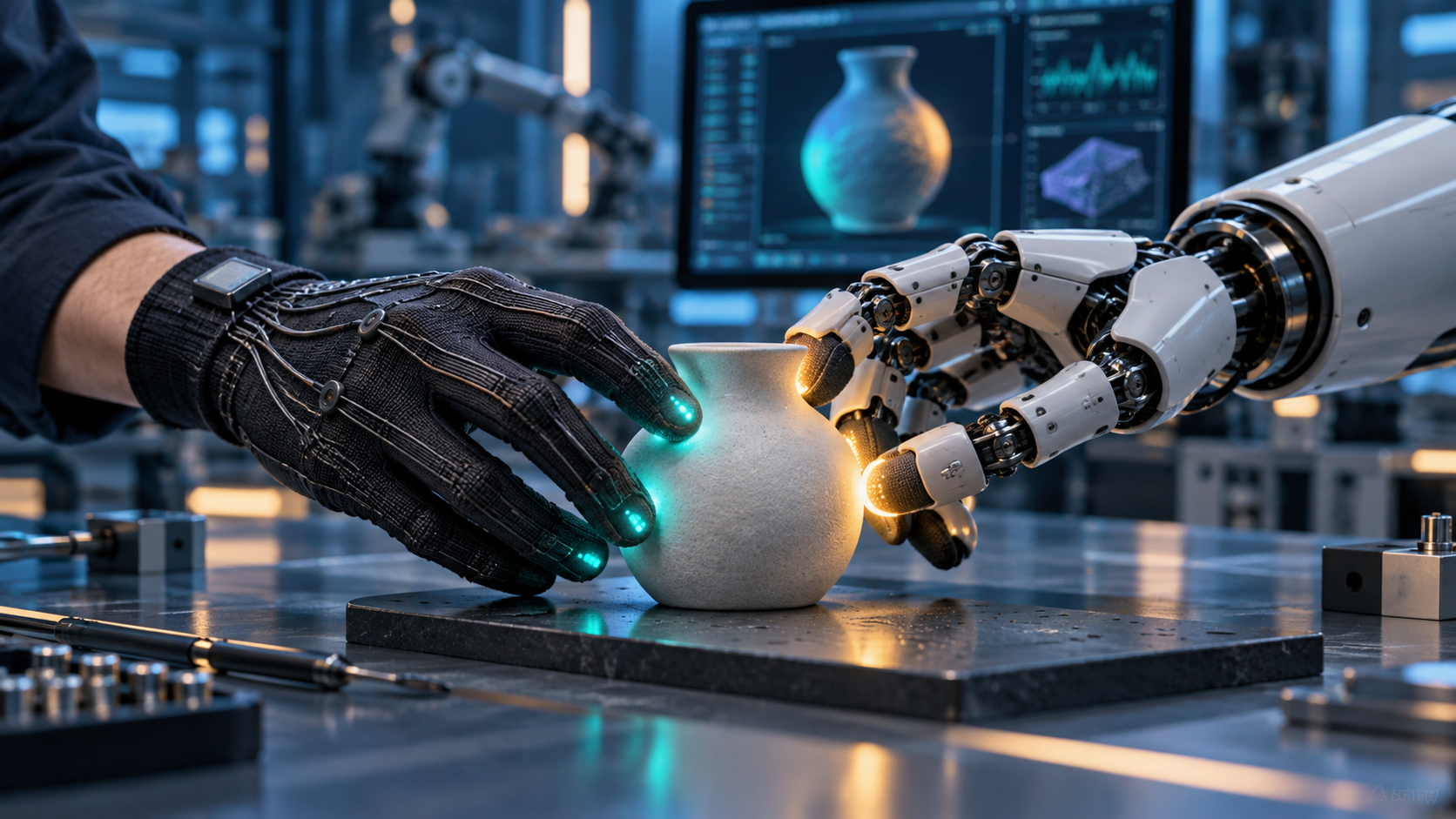 Conceptual human tactile glove and robot hand touching a ceramic object; not an exact research apparatus.