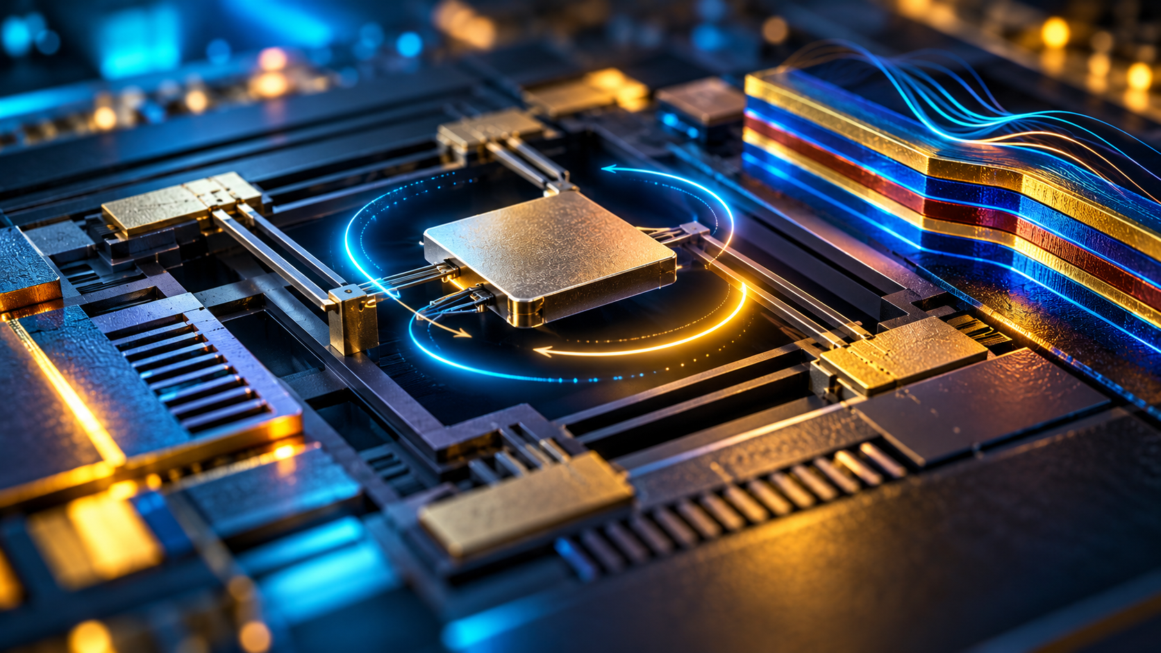 Conceptual illustration of a suspended MEMS proof mass and magnetic thin-film layers; not a product or exact device architecture.