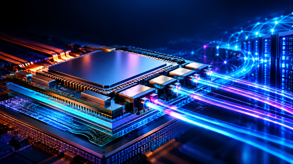 Co-packaged optics connecting a switch chip to AI data centers