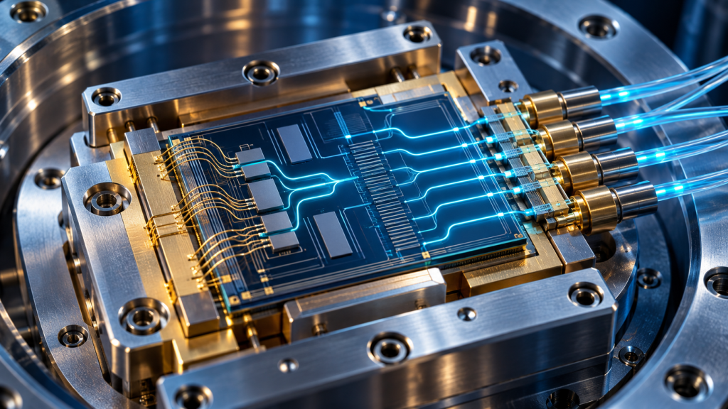 Conceptual photonic die in a metallic cold-stage package with fiber connections and electrical bonds; not an exact circuit or vendor product.