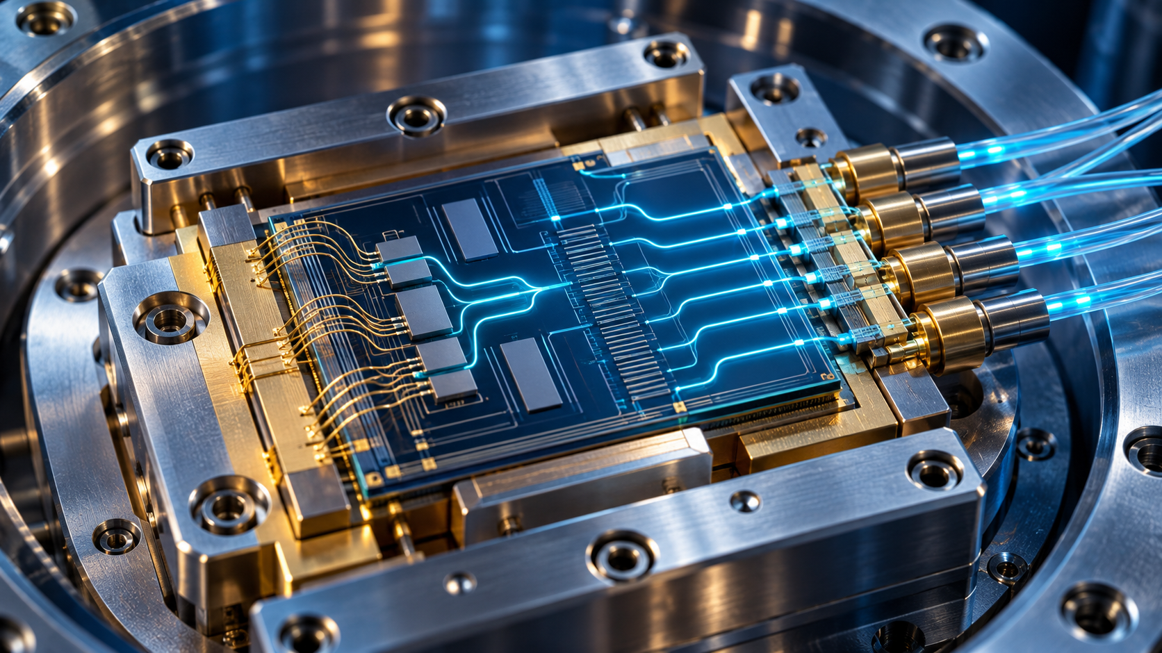 Conceptual photonic die in a metallic cold-stage package with fiber connections and electrical bonds; not an exact circuit or vendor product.